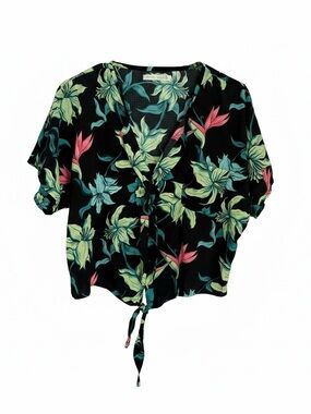 Tamnoon Woman  Black Tropical Floral Tie Front Blouse Size M